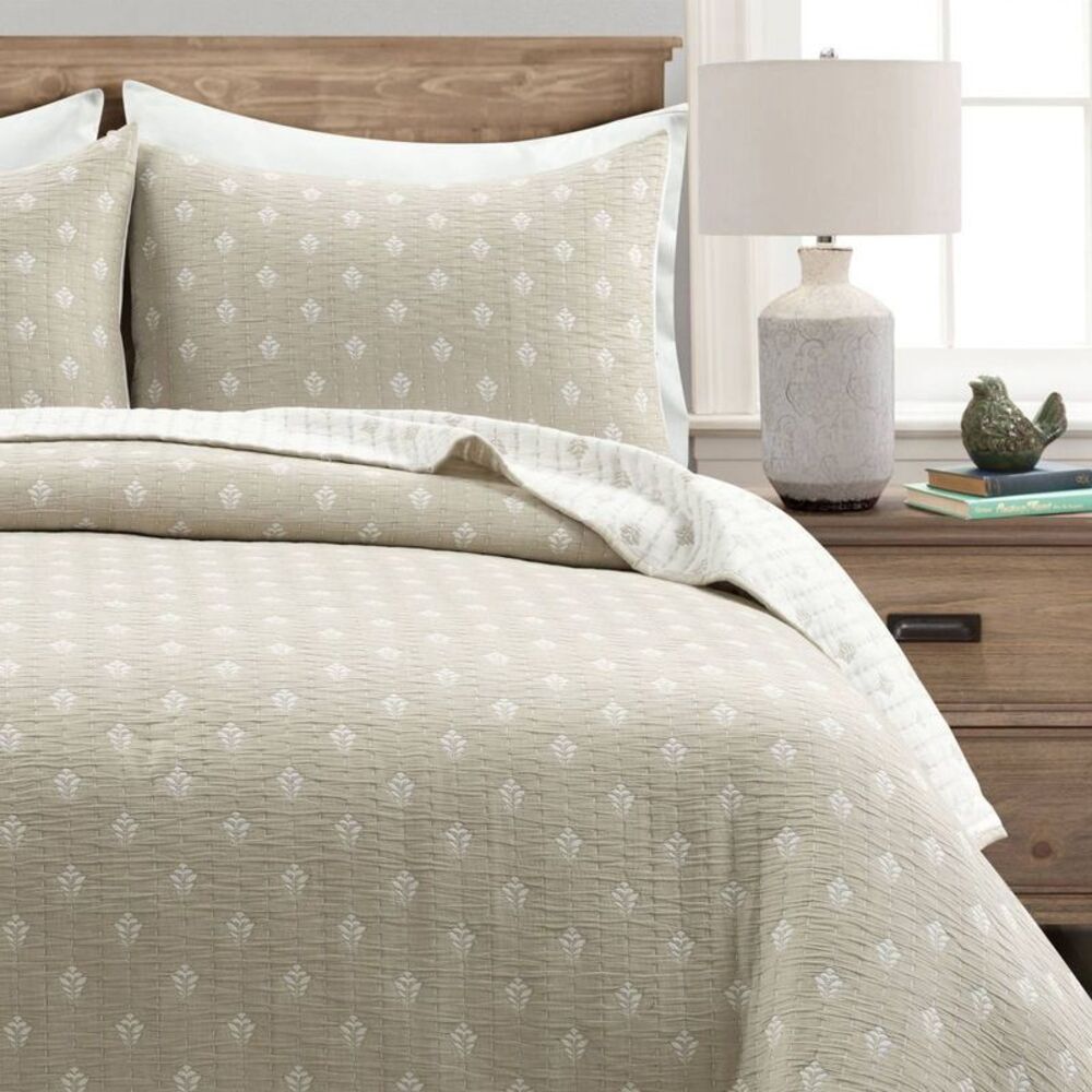 3 pc King Hygge Kantha Pick Stitch Yarn Dyed Cotton Jacquard Quilt Set Neut